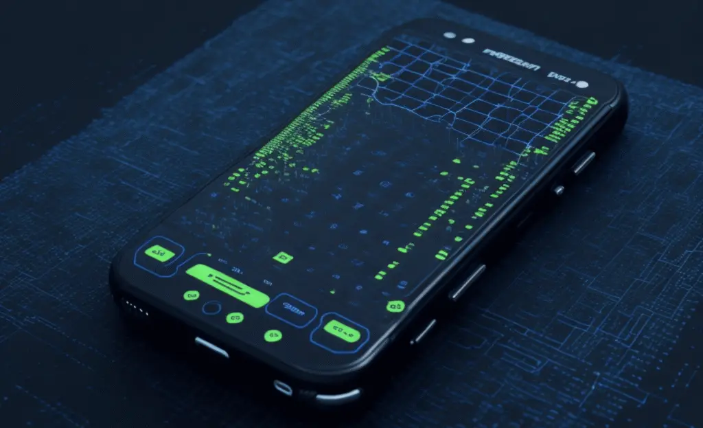 Was ist interaktive versus operative Künstliche Intelligenz? 2 Smartphone mit einer grafischen Benutzeroberfläche, die Daten in grünen und blauen Farben anzeigt.