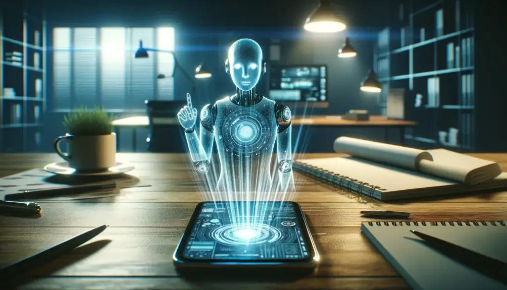 Warum es immer mehr persönliche KI Assistenten geben wird 3 Holographisches Bild eines Roboters, der aus einem Smartphone auf einem Tisch erscheint.