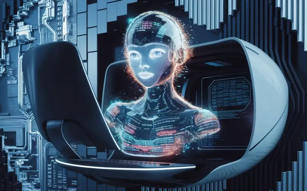 KI im Unternehmen erfolgreich einführen - eine Anleitung 1 Digitales Porträt einer künstlichen Intelligenz, die aus einem futuristischen Gerät hervorgeht.