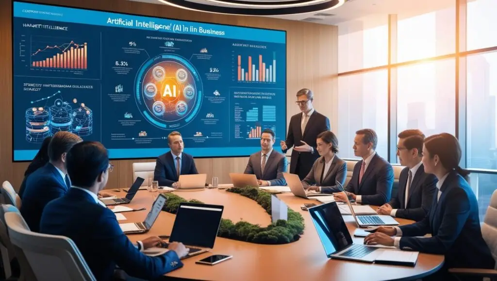 Rechtliche und ethische Überlegungen von KI im Verwaltungsrat 2 Eine Gruppe von Geschäftsleuten in einem Konferenzraum, die eine Präsentation über Künstliche Intelligenz verfolgen.