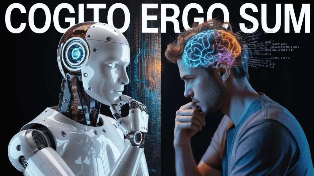 Gegenüberstellung eines humanoiden Roboters und eines nachdenklichen Menschen als visuelle Metapher dafür, dass künstliche Intelligenz Sprache verarbeitet, aber kein eigenes Bewusstsein besitzt.