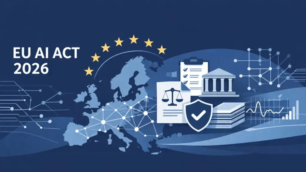 EU AI Act 2026 - Compliance-Anforderungen und Umsetzung 5 Abstrakte Illustration zur EU-AI-Act-Regulierung 2026 mit Fokus auf Compliance für Selbstständige und KMUs in Europa.