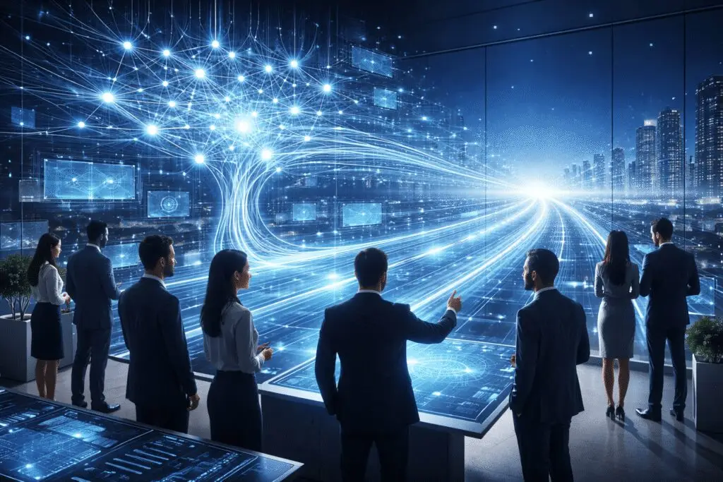 KI-Strategie 2026 3 Führungskräfte betrachten eine digitale KI-Roadmap mit neuralem Netzwerk in moderner Unternehmensumgebung.