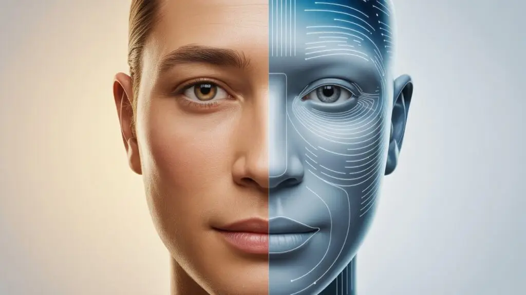 KI und Gesellschaft 2026: Chancen, Risiken & was jetzt zählt 8 An illustration of a human face with one half rendered using artificial intelligence, symbolizing progress and social polarization caused by AI.