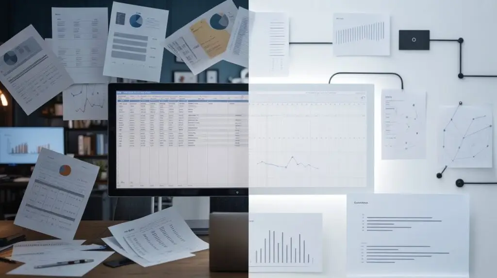 Datenstrategie für KI 2026: So wird KI nutzbar im Unternehmen 5 Visualization of a data strategy for AI 2026, comparing chaotic data silos with a structured data architecture.