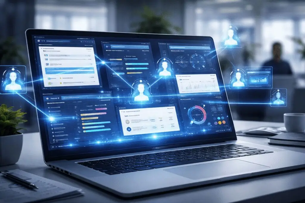 KI-Agenten 2026: Wie autonome Assistenten unsere Arbeit radikal verändern 6 Visualization of AI agents that autonomously coordinate networked digital work processes via a laptop dashboard.