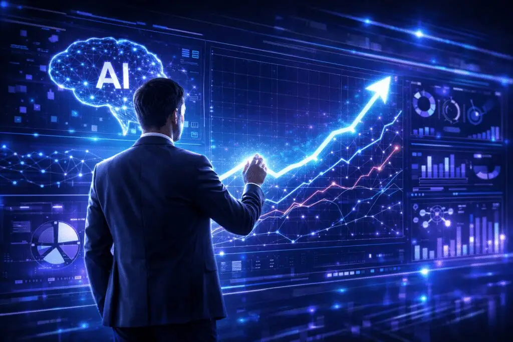 Wettbewerbsvorteil KI 2026: Wie Unternehmen künstliche Intelligenz für Wachstum nutzen 7 A business professional analyzes AI-driven data and growth curves on a digital dashboard that illustrates the competitive advantage provided by artificial intelligence.