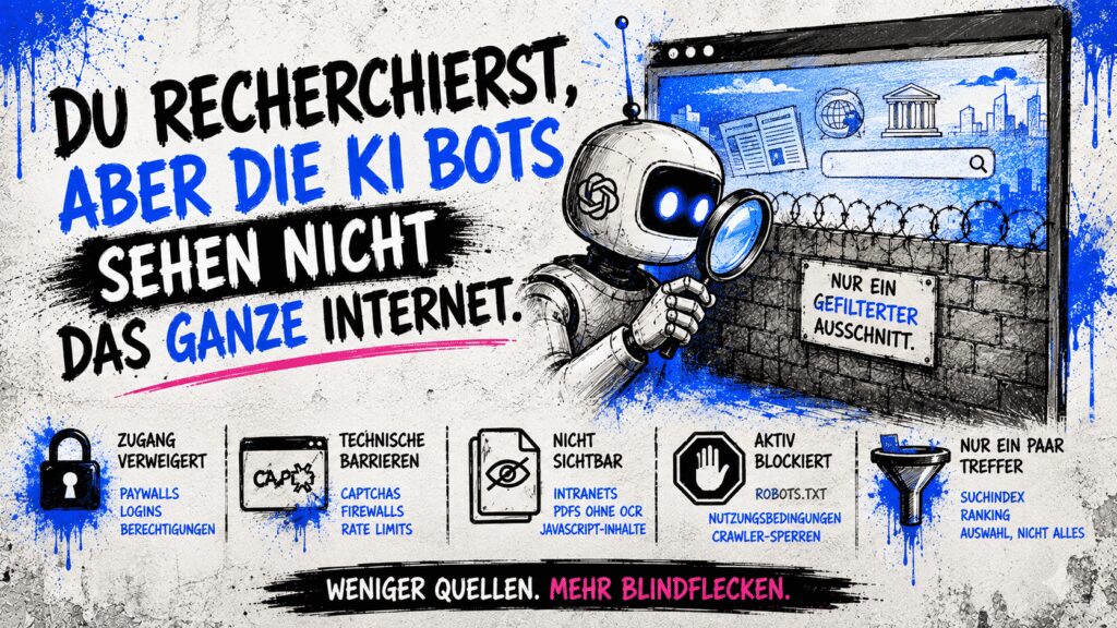 KI Bots sehen nicht das ganze Internet 6 KI-Roboter recherchiert hinter digitalen Barrieren und zeigt, dass KI nur einen gefilterten Ausschnitt des Internets sieht.