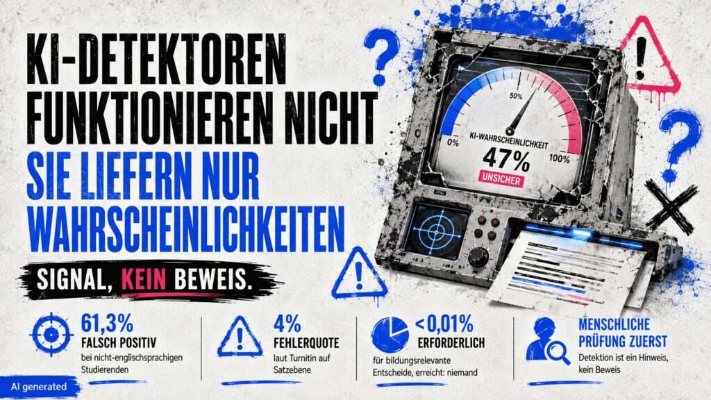 KI-Detektoren funktionieren nicht, sie liefern nur Wahrscheinlichkeiten 4 KI-Detektoren gelten als objektiv, sind es aber nicht. Stanford-Daten zeigen bis zu 61 Prozent Fehlerquote. Was das für Bildung und Praxis bedeutet.