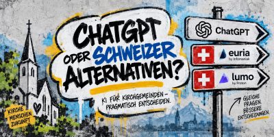 Graffiti-Blogheader mit Kirche, ChatGPT sowie den Schweizer KI-Alternativen Euria und Lumo als Wegweiser für Kirchgemeinden.